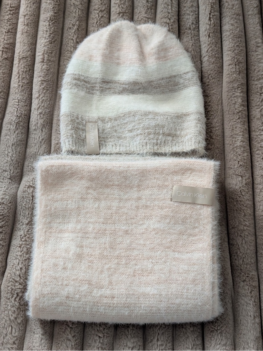 Calvin Klein Beige & Cream Knit Hat and Infinity Scarf Set